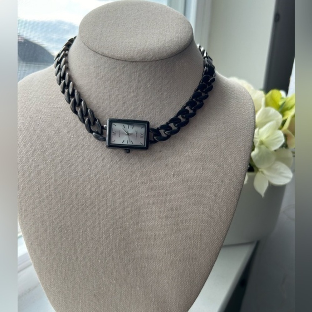 ✨NEW WOT Black and Silver Chain Necklace with Watch Pendant